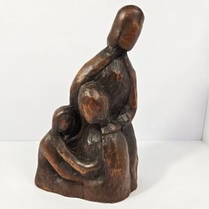 Vintage Mid Century Modern Hand Carved Wood Family Sculpture Signed Tucci 11.5"